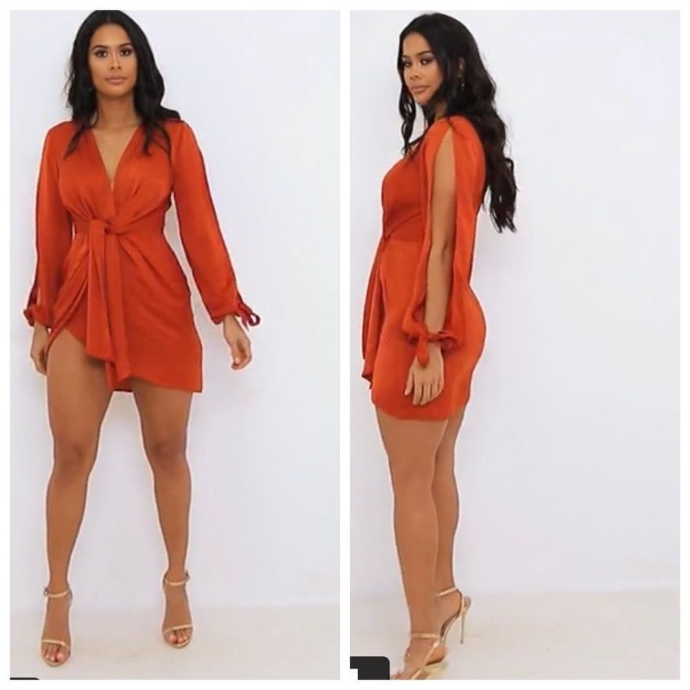 pretty little thing satin twist front open sleeves Rust dress